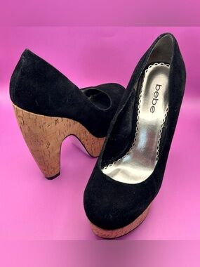 Bebe Y2K Womens Black Suede Cork Platform Pumps Metallic Accents Size 7M